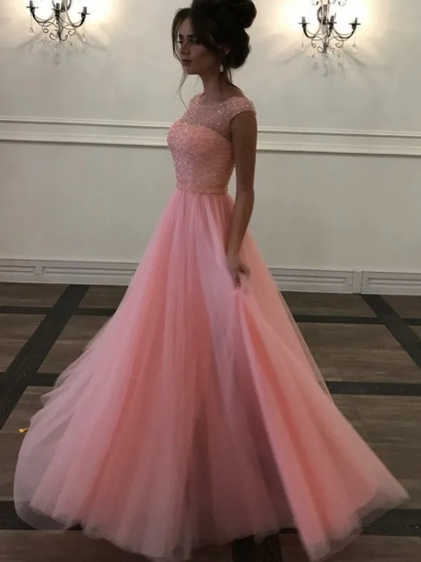 pastel prom dressesElegant Beaded Long Prom Dresses, 2020 Prom Dresses, Cap Sleeves Prom Dresses