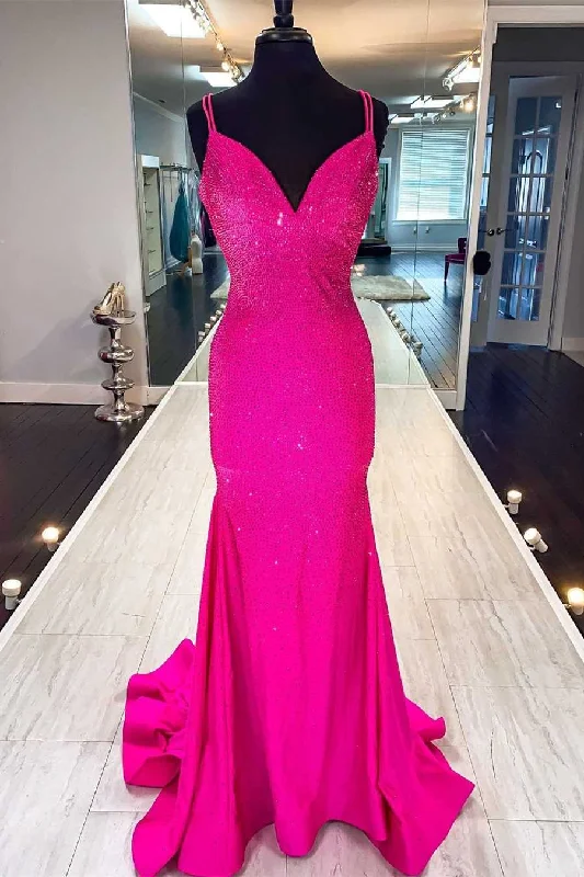 prom dress inspiration galleriesElegant Hot Pink Beaded Mermaid Long Prom Dress