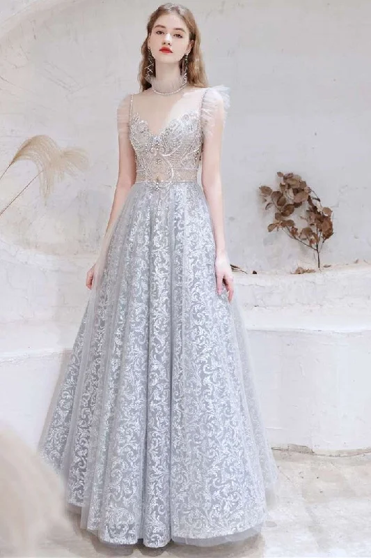 chiffon prom dressesElegant Lace Illusion A-line Prom Dress with Beaded and Rhinestone