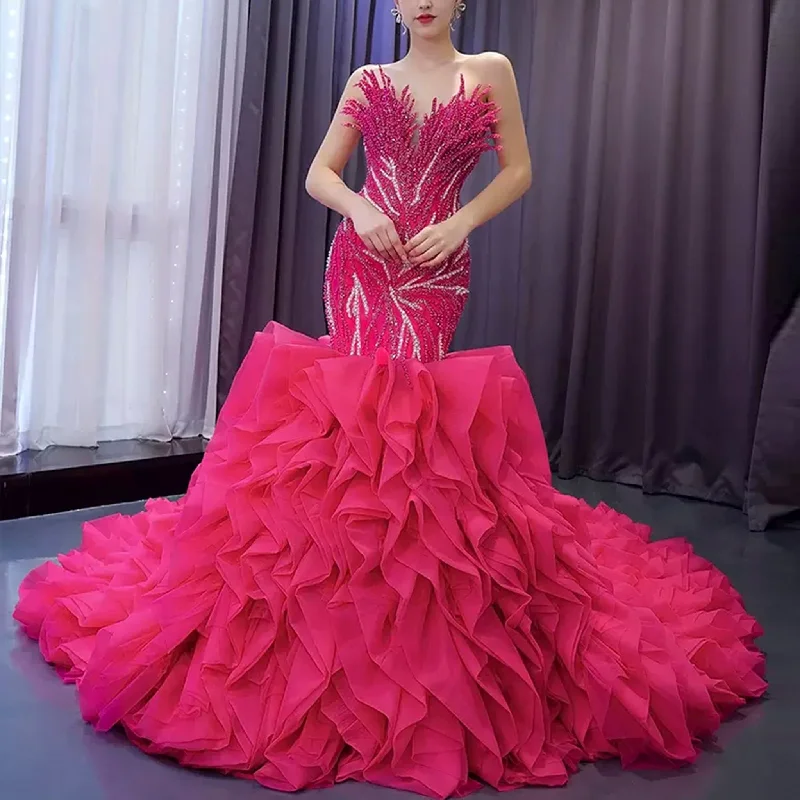 mid-length prom dressesFuchsia Mermaid Strapless Beading Prom Dress with Ruffle