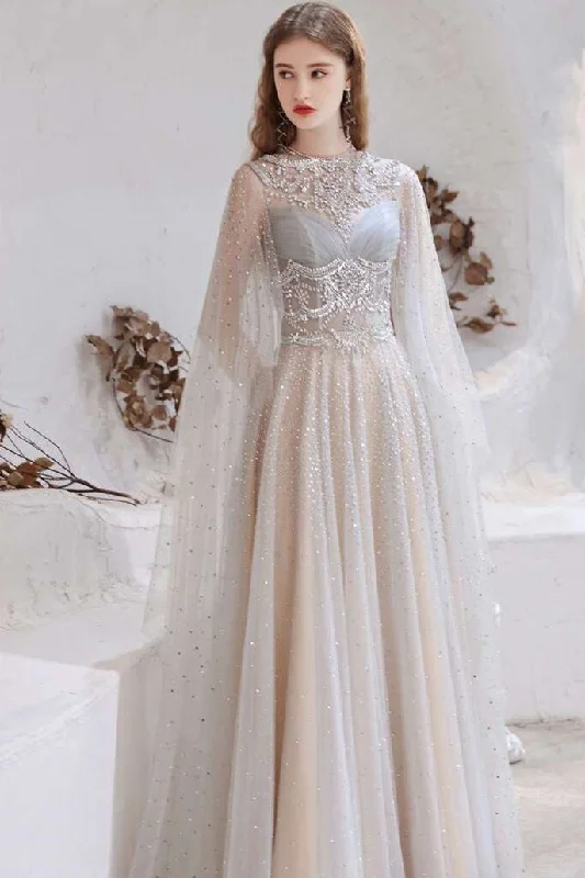 silk prom dressesGlamorous Light Grey Tulle Beaded Long Prom Gown with Cape