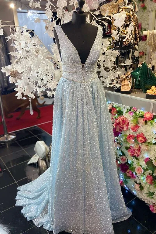 short prom dressesGlitter A-Line Light Blue Beaded V-Neck Backless Long Prom Dress