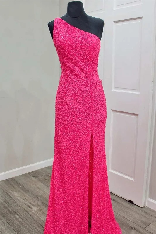 prom dresses for short girlsGlitter One Shoulder Hot Pink Sequins Mermaid Prom Dress with Slit