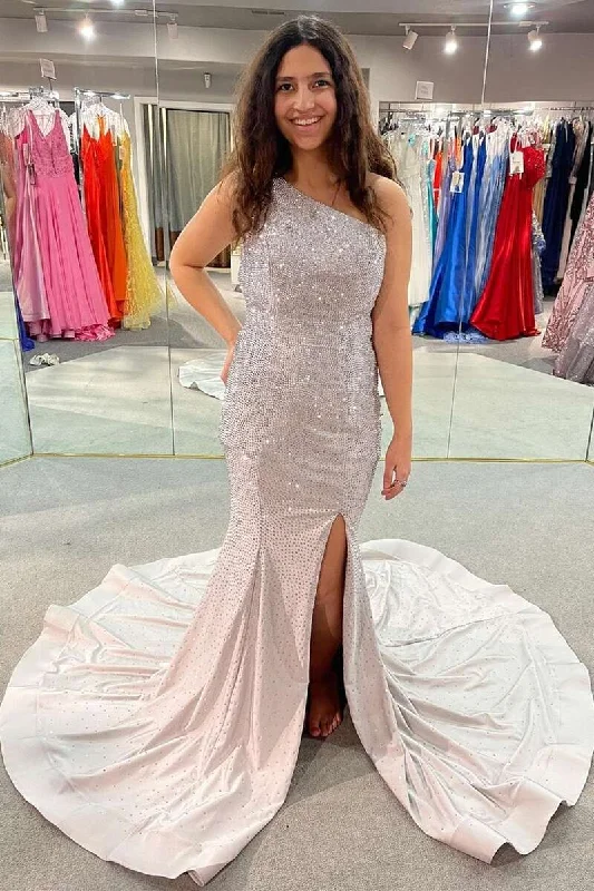 sparkly prom dressesGlitter Silver Beaded One-Shoulder Mermaid Long Prom Dress