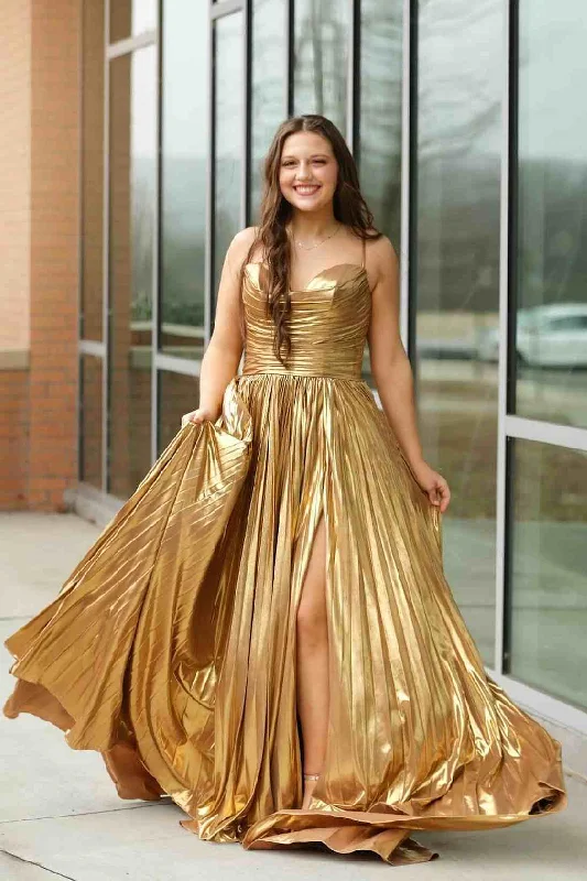 prom dresses for winterGold A-Line Spaghetti Straps Metallic Empire-Waist Pleated Long Prom Dress with Slit