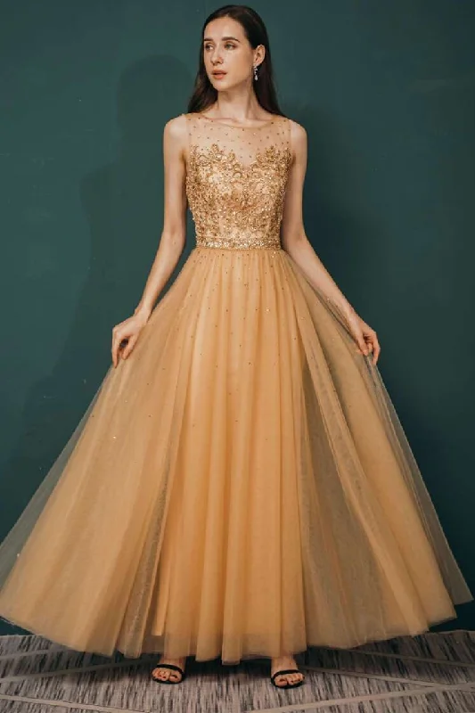 prom dresses for fallGold Sleeveless Appliques Prom Gown