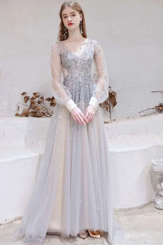 elegant prom dressesGray Tulle Beaded V-Neck Long Sleeve Prom Dress