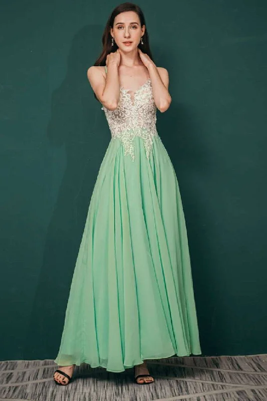 prom dress try-on ideasGreen A-line Lace Applique Chiffon Long Prom Dress