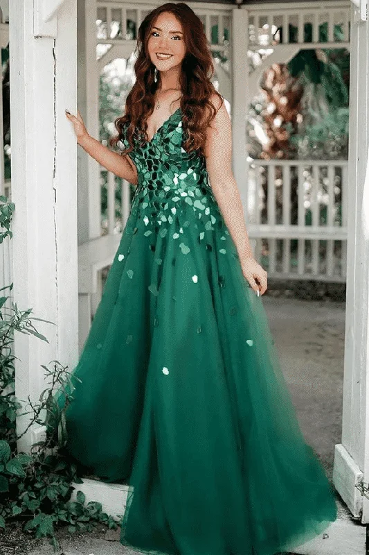 prom dresses with sequin detailingGreen A-Line Mirror-Cut Sequins V-Neck Tulle Long Prom Dress with Slit