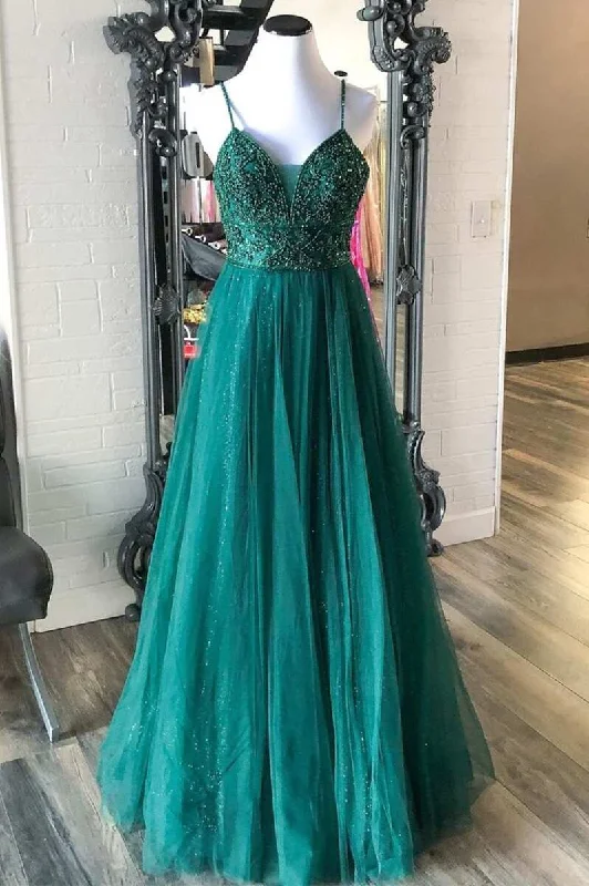 modern prom dressesGreen Beaded Lace-Up A-Line Prom Dress