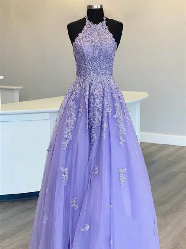 bespoke prom dressesHalter Long A-line Lilac Lace Appliques Prom Dresses, Beaded Prom Dresses, Lovely Prom Dresses