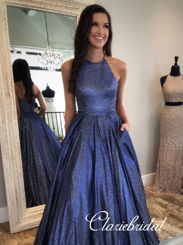 classic prom dressesHalter Navy Shemmering Fabric Long A-line Prom Dresses, Shiny Prom Dresses, Popular Prom Dresses