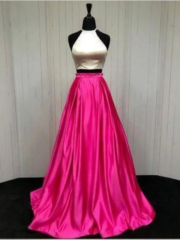 two-piece prom dressesHalter Two Pieces Long Prom Dresses, Simple A-line Prom Dresses, Long Prom Dresses