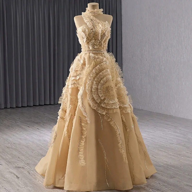 off-the-shoulder prom dressesHigh-end Champagne Sequins Ruffle Formal Gown Prom Dress