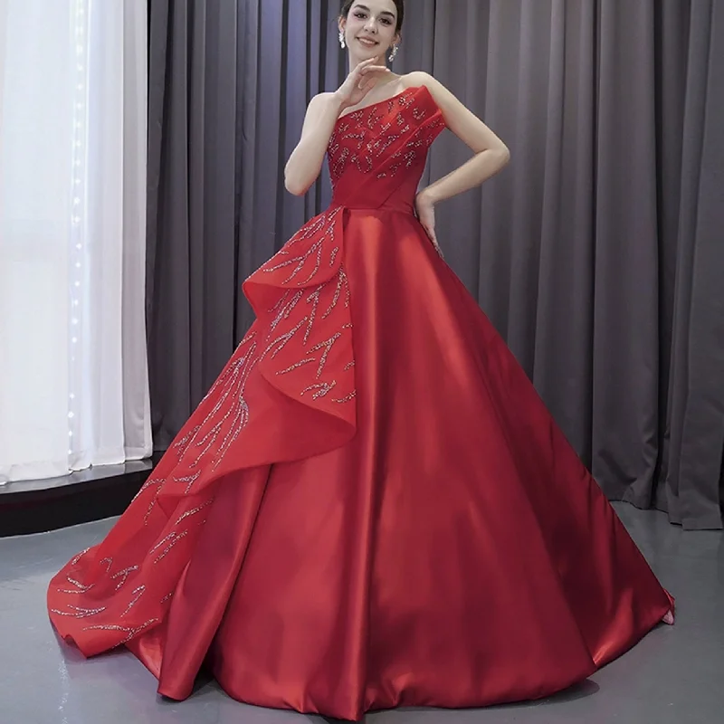 prom dresses for apple shapesHigh-end Red Beading Prom Dress Asymmetrical Neck Formal Gown