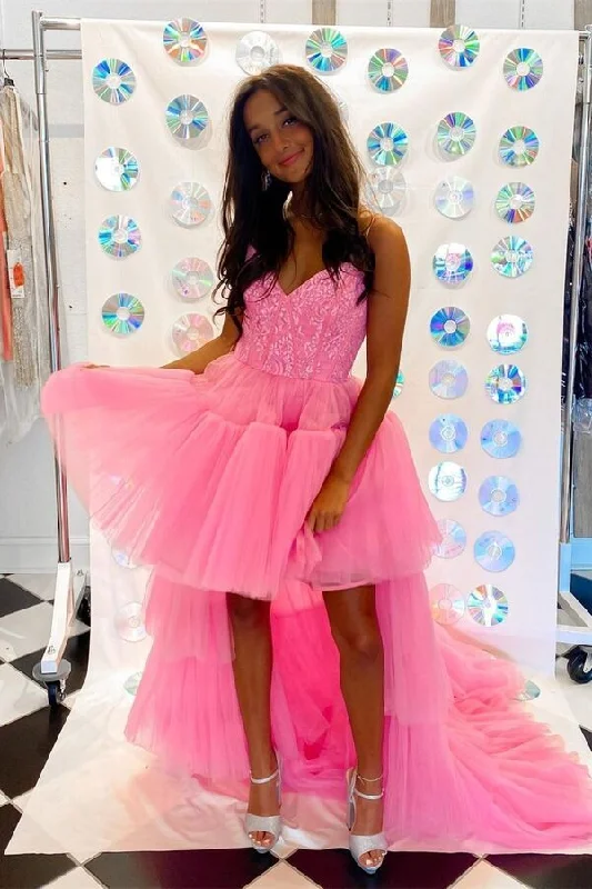 cap sleeve prom dressesHigh Low Hot Pink Straps Prom Dress