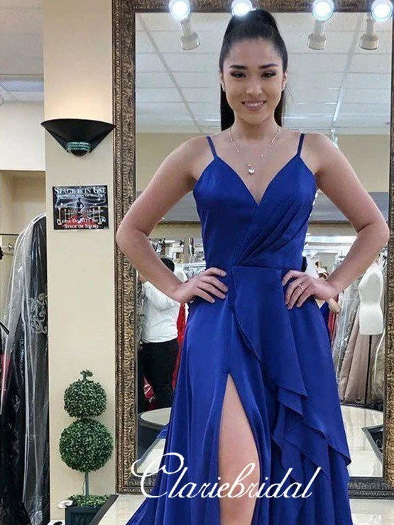 prom dresses with lace appliquésHigh Slit Royal Blue Prom Dresses, 2020 Prom Dresses, Simple Long Prom Dresses