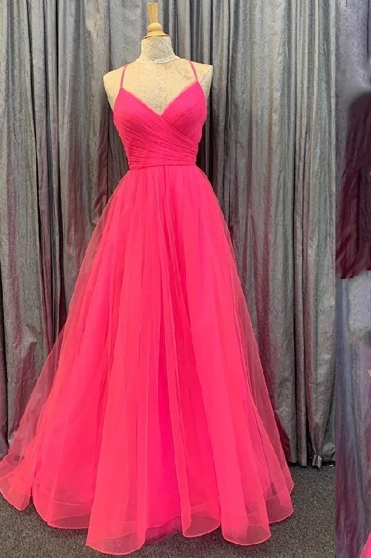 spaghetti strap prom dressesHot Pink Lace-Up Back Pleated A-line Long Prom Dress