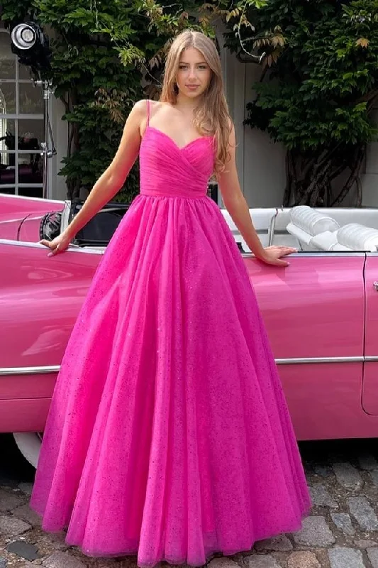 ball gown prom dressesHot Pink Spaghetti Straps V-Neck Pleated A-Line Prom Dress