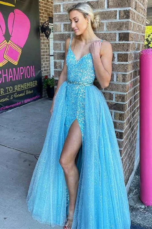 prom dresses with trainsIce Blue Sequin V-Neck Straps Long Prom Dress With Detachable Train