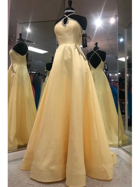 illusion neckline prom dressesKeyhole Long A-line Yellow Satin Prom Dresses, Beaded Detail Prom Dresses, Popular Prom Dresses