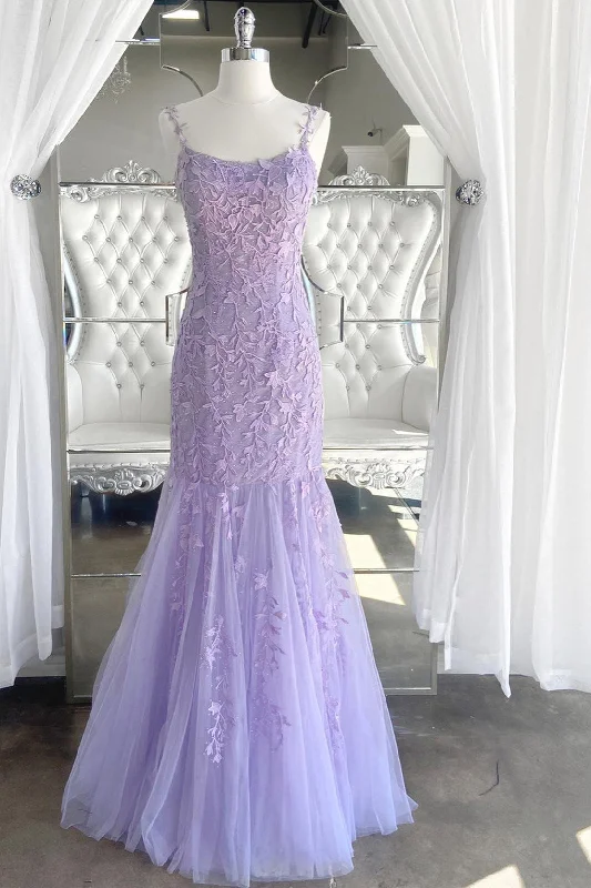 illusion neckline prom dressesElegant Lavender Lace Applique Trumpet Long Prom Dress