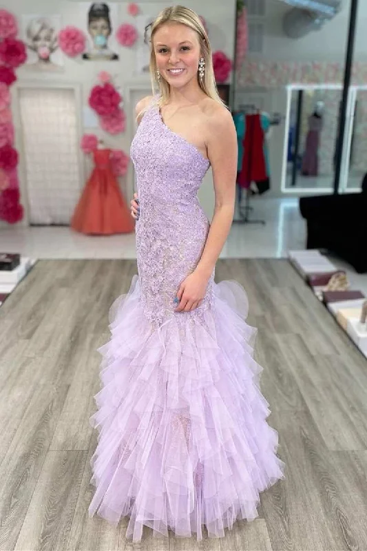 prom dress accessoriesLavender Lace One-Shoulder Tiered Trumpet Long Prom Gown