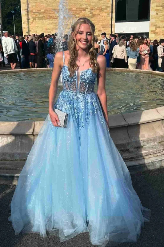 prom dresses with detachable sleevesLight Blue A-Line Empire-Waist Sleeveless Deep V-Neck Appliques Tulle Long Prom Dress