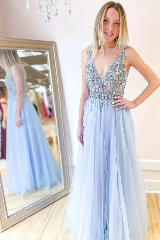 prom dresses with beaded accentsLight Blue Beaded V-Neck Backless A-Line Prom Dress