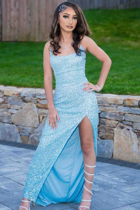 lace-up prom dressesLight Blue Spaghetti Straps Sequined High Slit Long Prom Dress with Slit