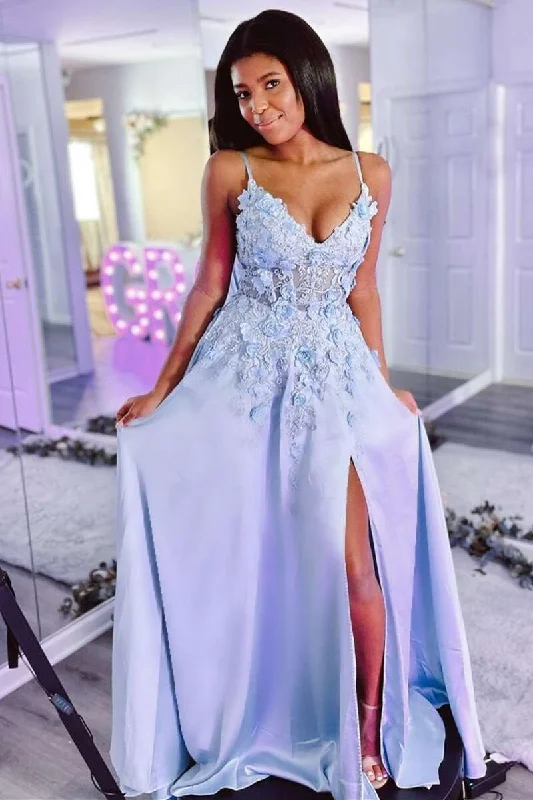 convertible prom dressesLight Blue V-Neck Backless A-Line Prom Dress with 3D Flowers