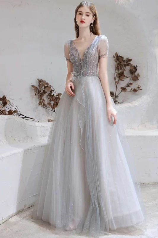 sequined prom dressesLight Gray Tulle V-Neckline Long Prom Dress with Lace-Up Back