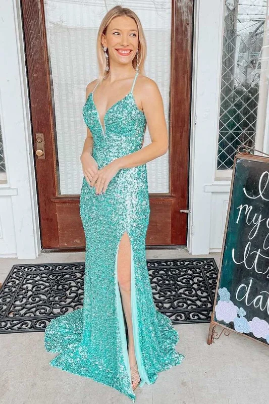 illusion sleeve prom dressesLight Jade Sequin Lace-Up Back Mermaid Long Prom Dress