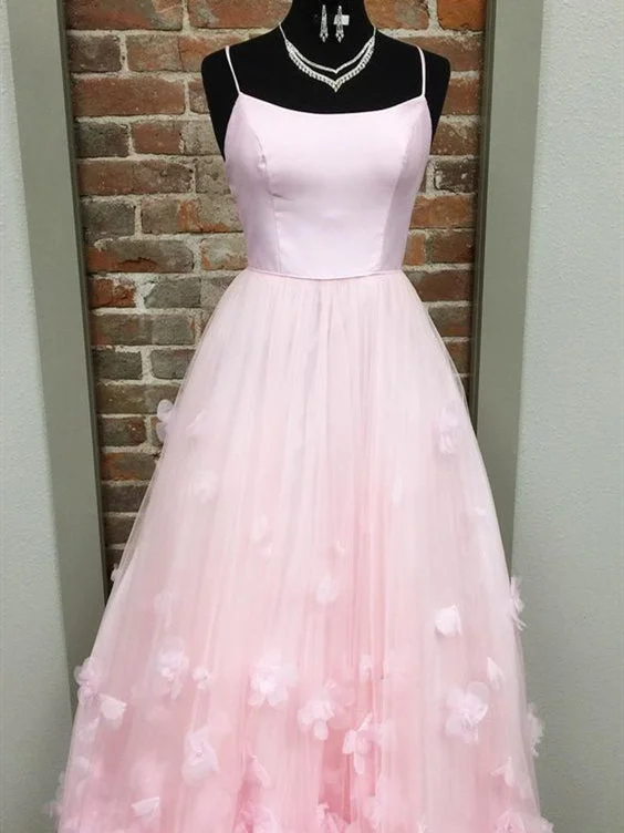 halter prom dressesLight Pink Satin Tulle Prom Dresses, 3D Floral Prom Dresses, Popular 2020 Prom Dresses