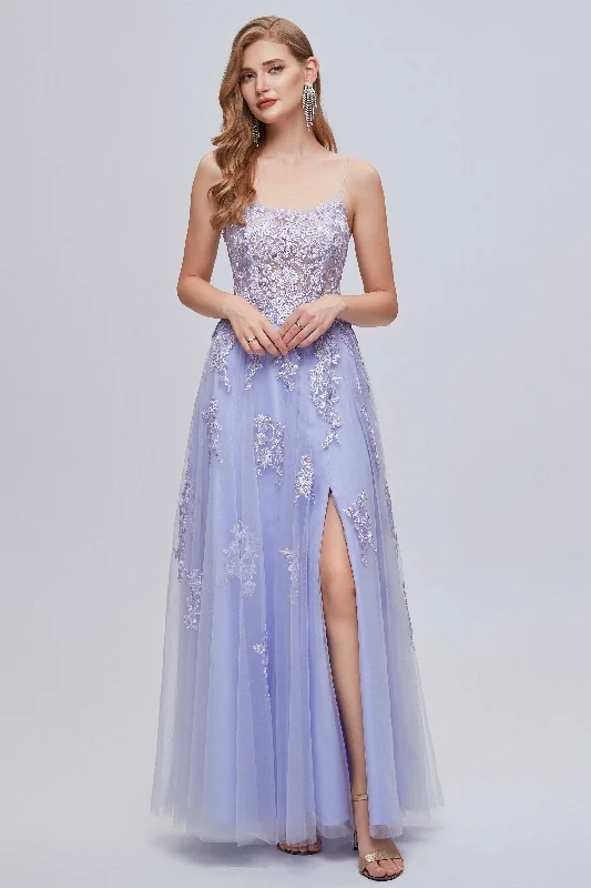 halter neck prom dressesLilac Appliques Lace-Up A-Line Long Prom Dress with Slit