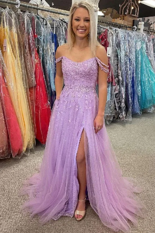 halter prom dressesLilac Tulle Off-the-Shoulder Appliqués Long Prom Dress