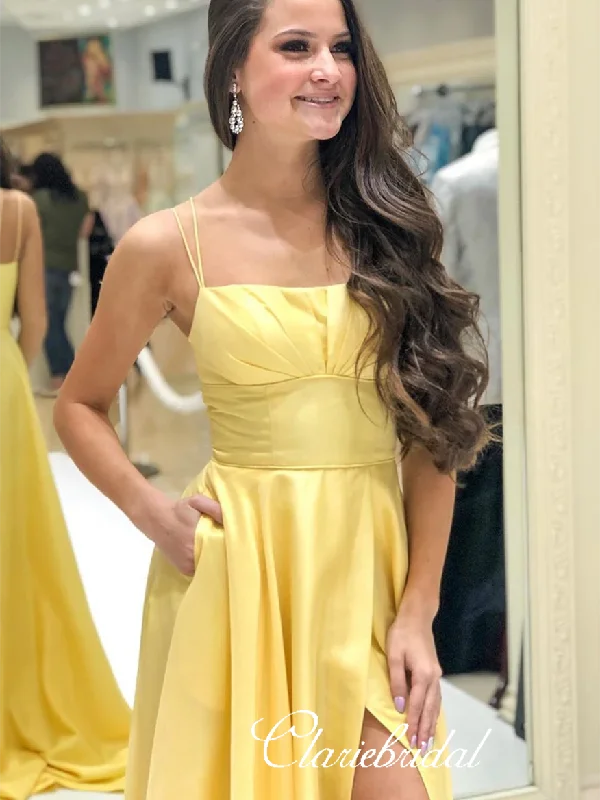 maxi prom dressesLovely Simple Yellow Elastic Satin Prom Dresses With Pockets, Long Prom Dresses, High Slit Prom Dresses