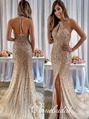 prom dresses for tall girlsLuxury Rhinestone Beaded Long Mermaid Prom Dresses, Champagne Gold Prom Dresses