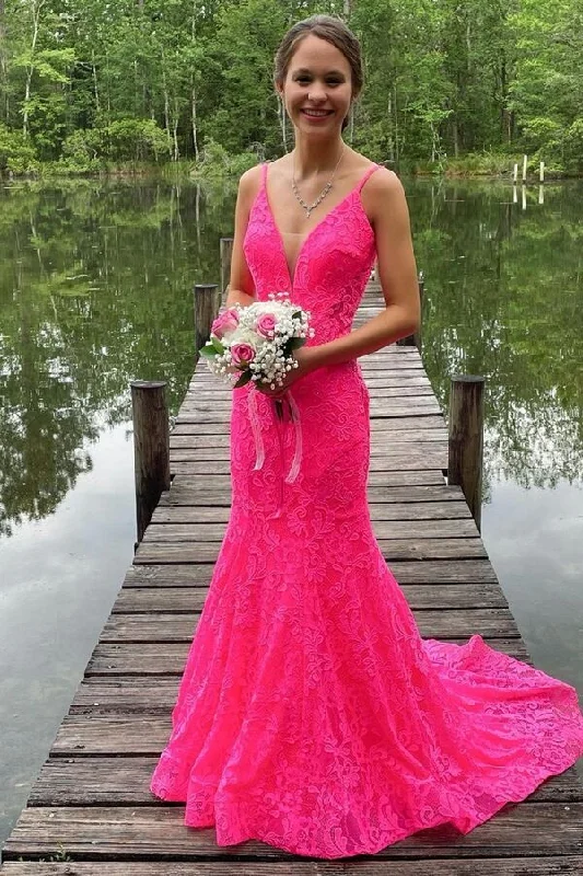 sweetheart neckline prom dressesTrumpet Hot Pink Lace Open Back Long Prom Dress