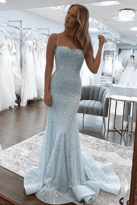 prom dresses for short girlsMermaid Spaghetti Straps Glitter Mermaid Long Prom Formal Dress