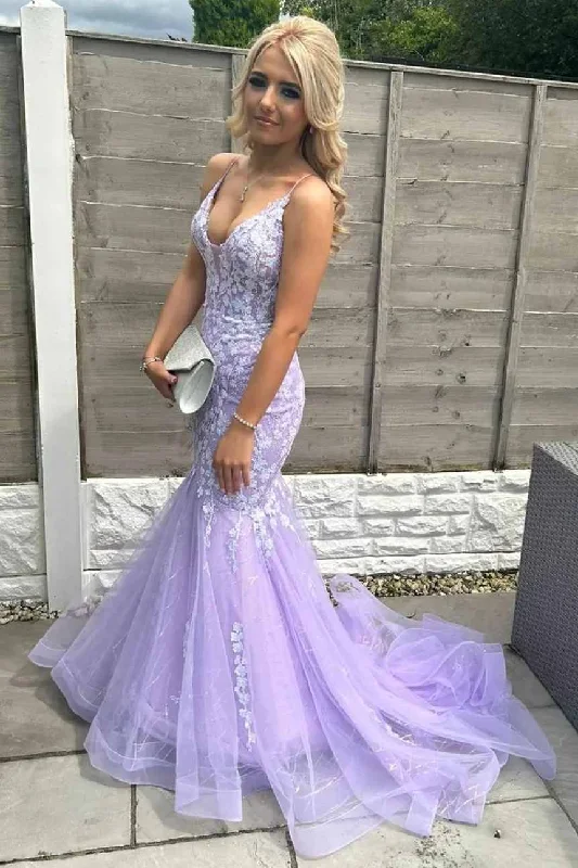 petite prom dressesMermaid Spaghetti Straps V-Neck Appliques Lavender Long Prom Dress