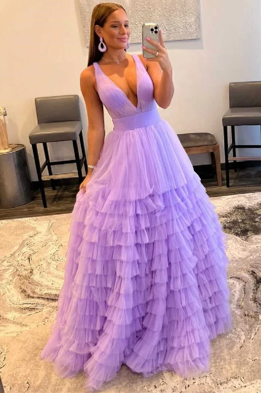 open-back prom dressesMulti-Tiered Lavender Plunge Neck A-Line Long Prom Dress