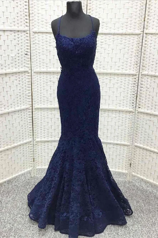 sweetheart neckline prom dressesNavy Blue Lace Embroidered Lace-Up Trumpet Long Prom Dress