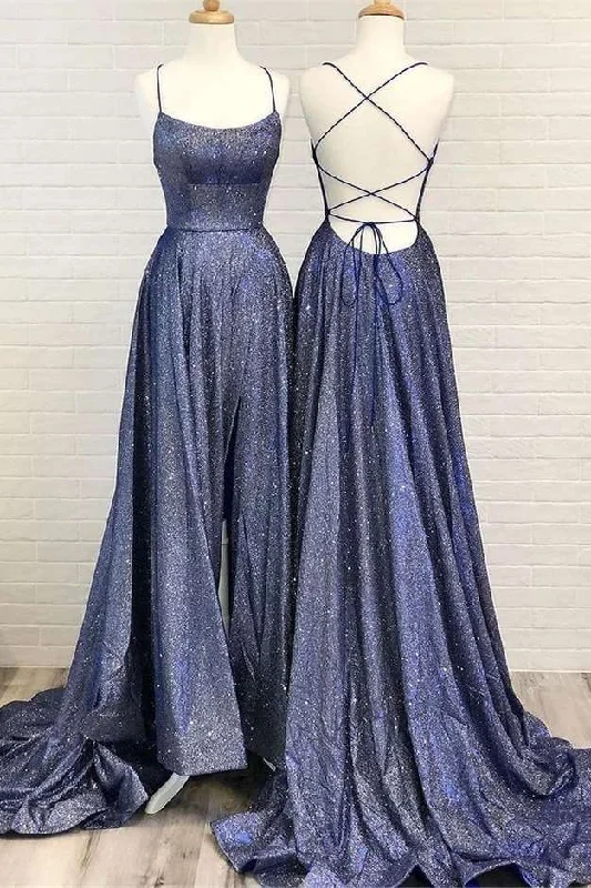 prom dresses for plus-size figuresNavy Blue Sequin Backless A-Line Prom Dress