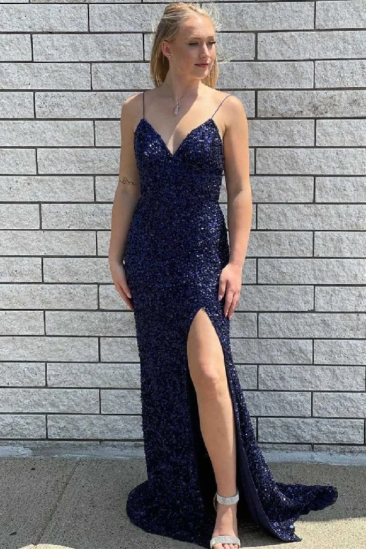 prom dresses for winterNavy Blue Sequins Mermaid Slit Long Prom Dress