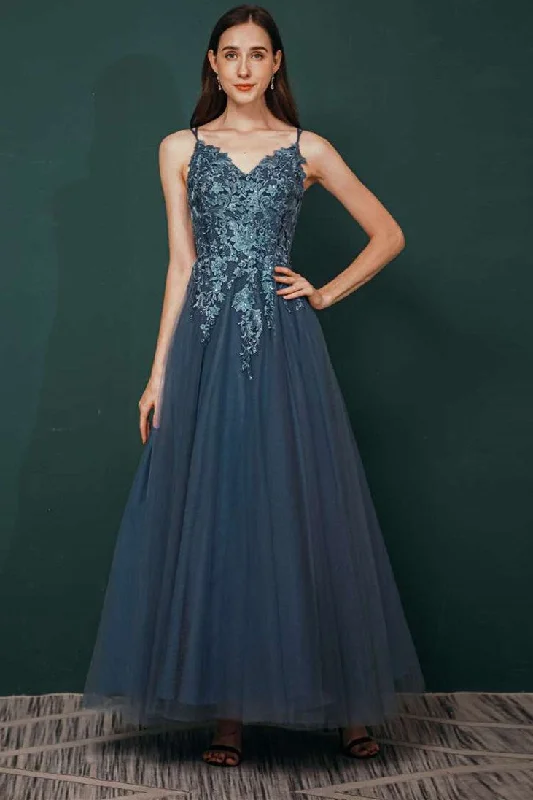 prom dress alterationsNavy Tulle A-line Lace Prom Dress with Appliques