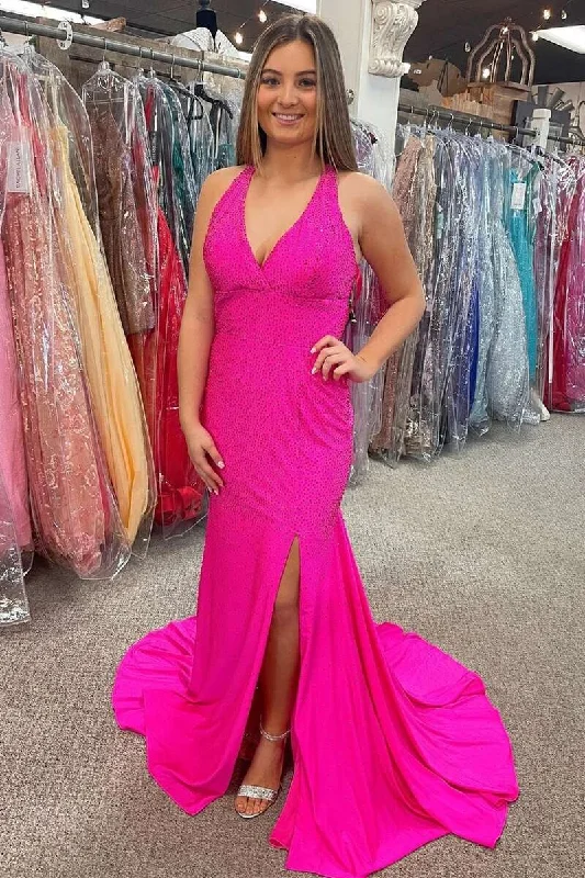 long prom dressesNeon Pink Beaded Halter Backless Mermaid Long Prom Gown