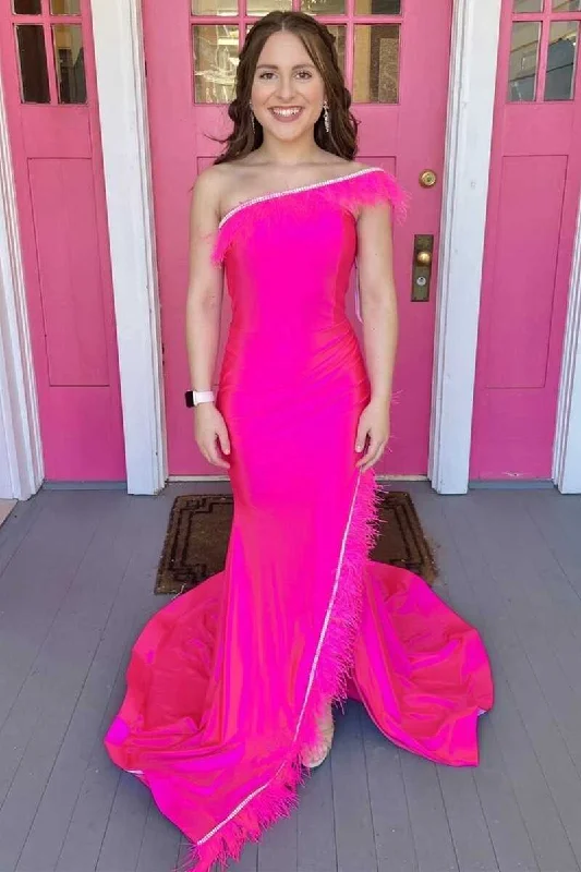 prom dresses with trainsNeon Pink Feather One-Shoulder Long Prom Dress