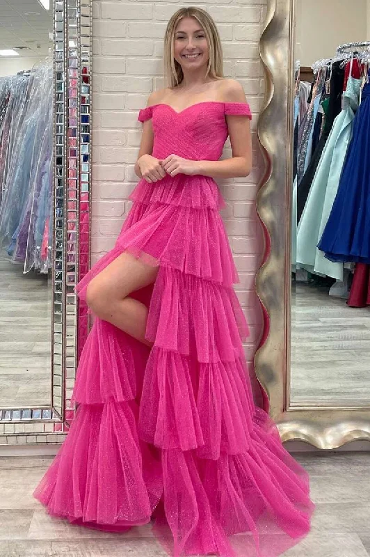 prom dresses for winterNeon Pink Off-the-Shoulder Multi-tiered Prom Dress