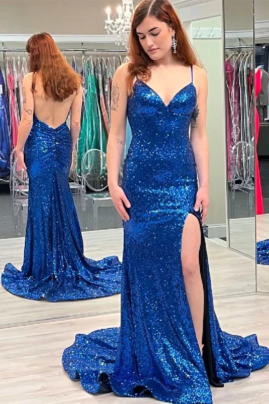 spaghetti strap prom dressesOcean Blue Sequin V-Neck Backless Mermaid Long Prom Gown with Slit